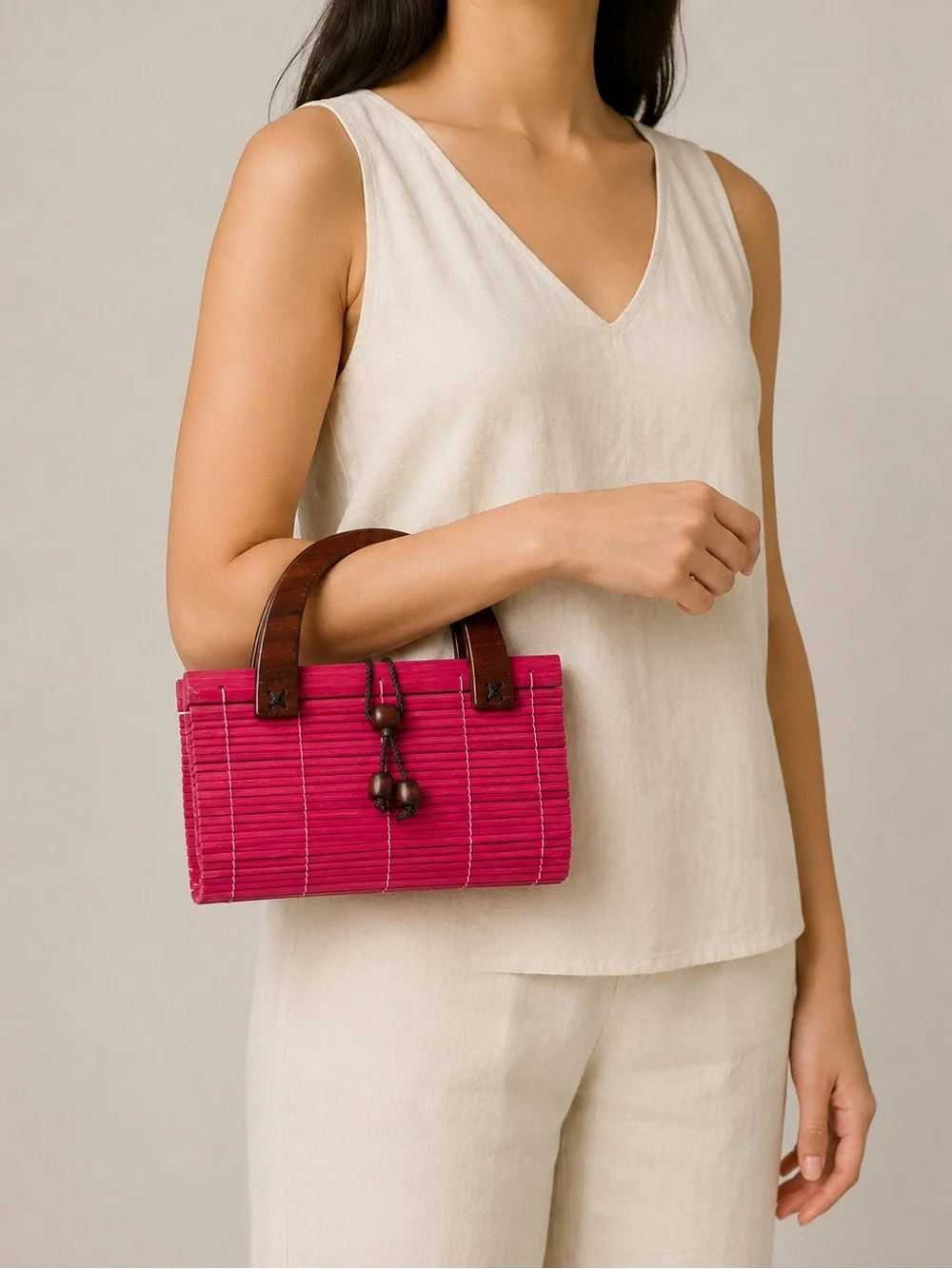 Pink Bamboo Slat Handbag Wooden Handles Boho Resort Bag